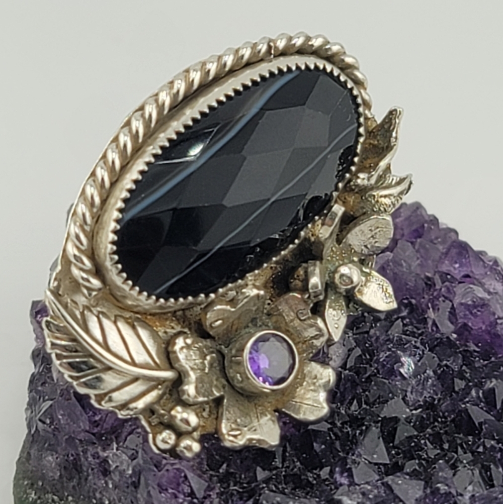 OBSIDIAN & AMETHYST CRYSTAL GARDEN FLOWER RING HANDMADE W/ RECYCLED METAL SZ 7 - Picture 7 of 8